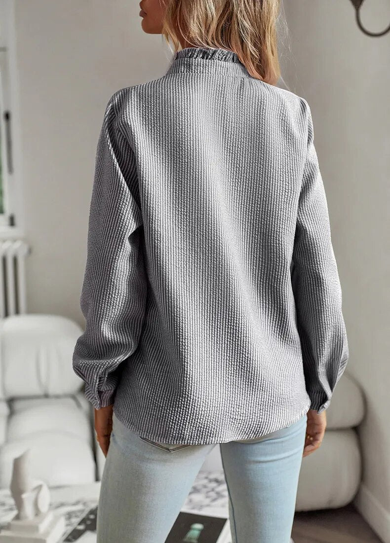 Women’s Ruffle Trim Textured Blouse – Long Sleeve Button Top