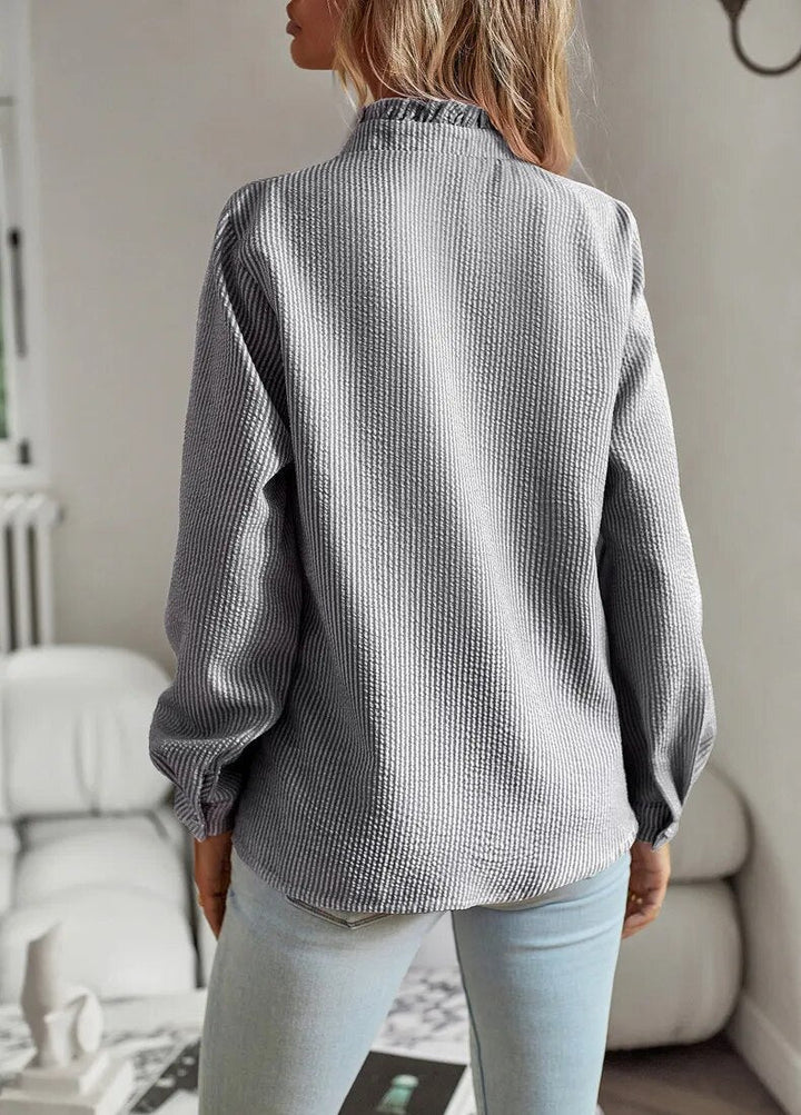 Women’s Ruffle Trim Textured Blouse – Long Sleeve Button Top