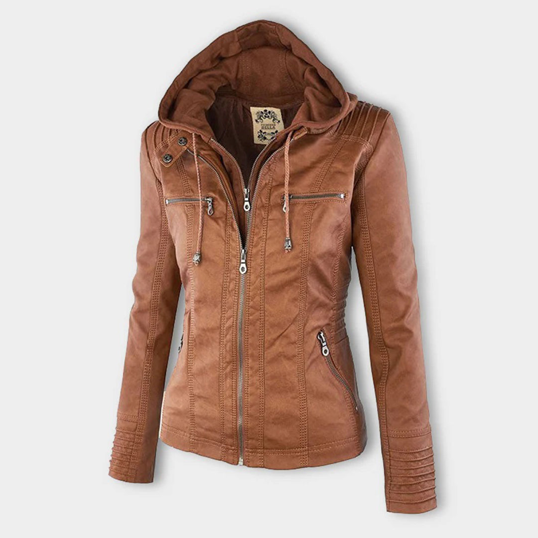 Women’s Stylish Hooded Leather Biker Jacket Coat