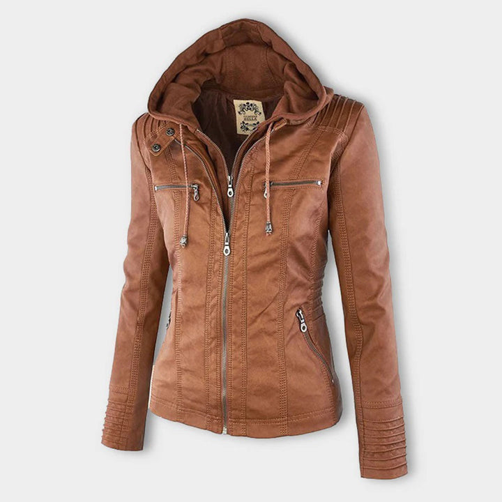 Women’s Stylish Hooded Leather Biker Jacket Coat
