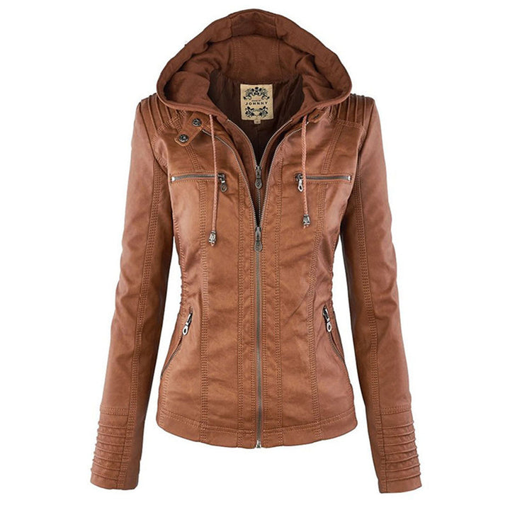 Women’s Stylish Hooded Leather Biker Jacket Coat