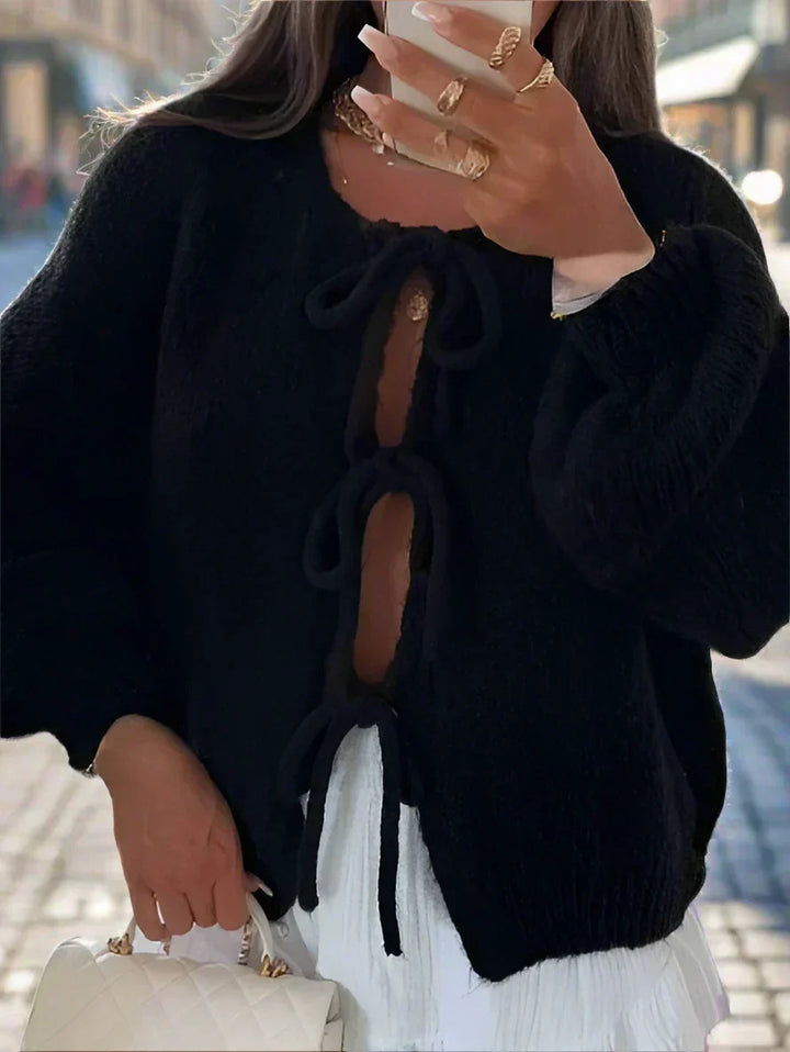 Women’s Soft Knit Tie-Front Cardigan – Balloon Sleeve Bow Detail