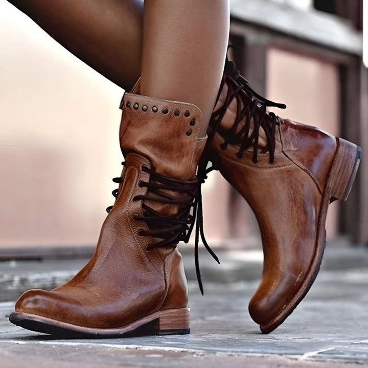 Women’s Vintage Lace Up Mid Calf Boots with Low Heel