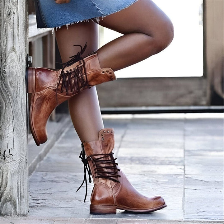 Women’s Vintage Lace Up Mid Calf Boots with Low Heel