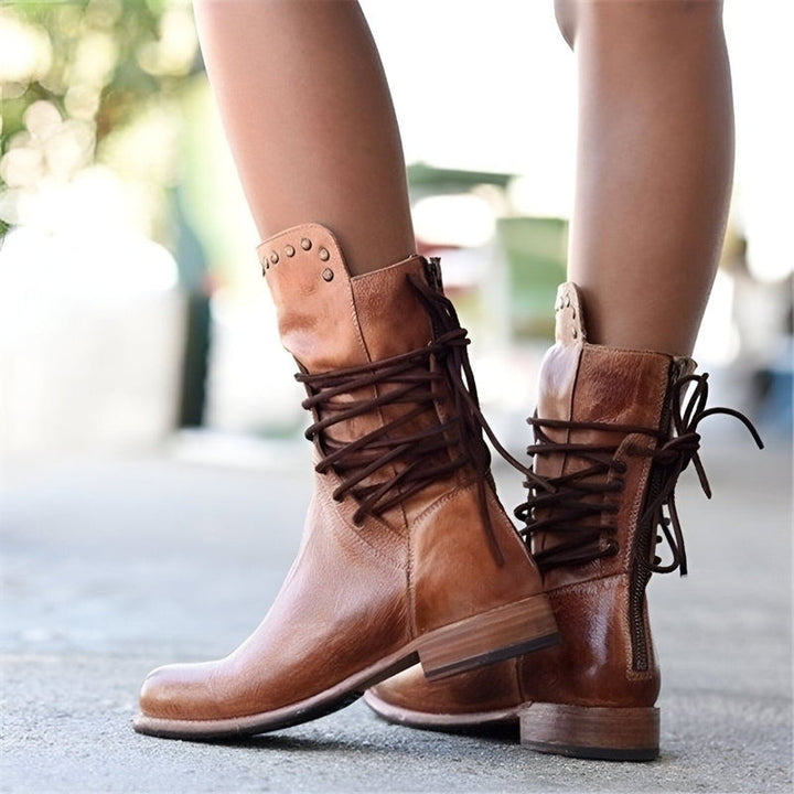 Women’s Vintage Lace Up Mid Calf Boots with Low Heel