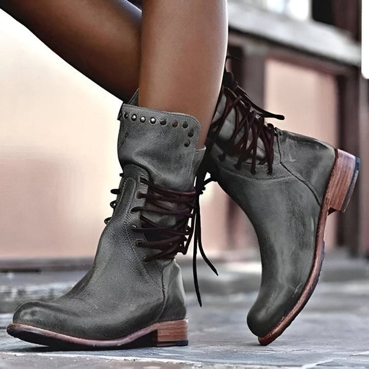 Women’s Vintage Lace Up Mid Calf Boots with Low Heel