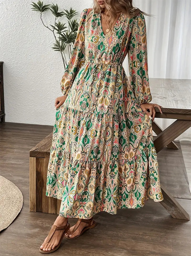Women’s Long Sleeve Maxi Dress V-Neck Printed Casual Flowy Dress