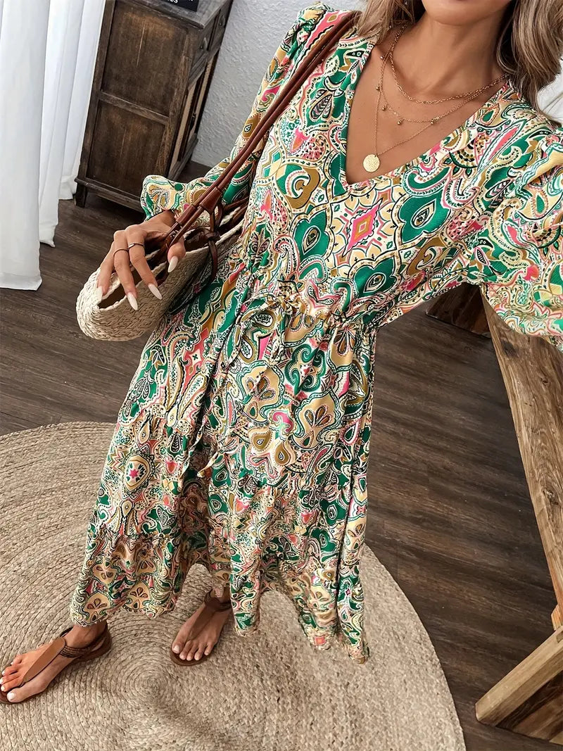Women’s Long Sleeve Maxi Dress V-Neck Printed Casual Flowy Dress