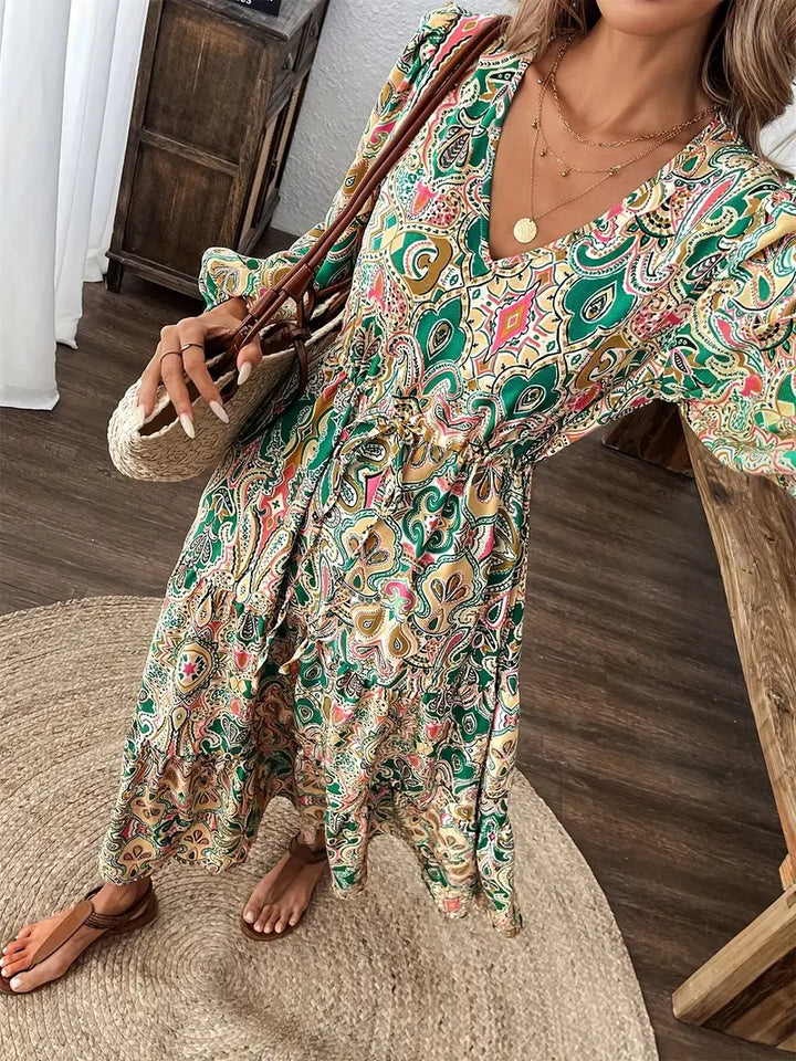 Women’s Long Sleeve Maxi Dress V-Neck Printed Casual Flowy Dress