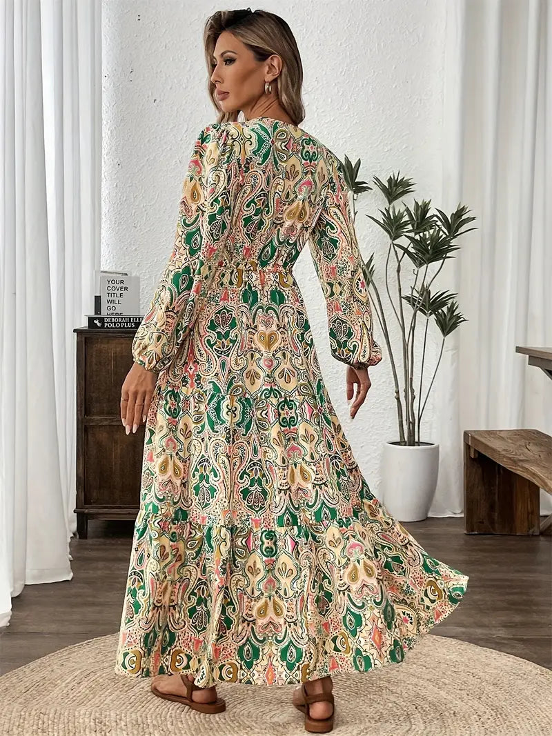 Women’s Long Sleeve Maxi Dress V-Neck Printed Casual Flowy Dress