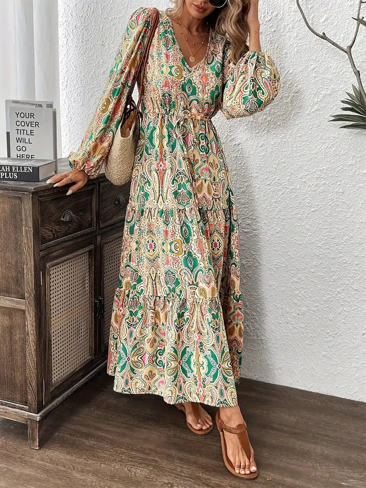 Women’s Long Sleeve Maxi Dress V-Neck Printed Casual Flowy Dress