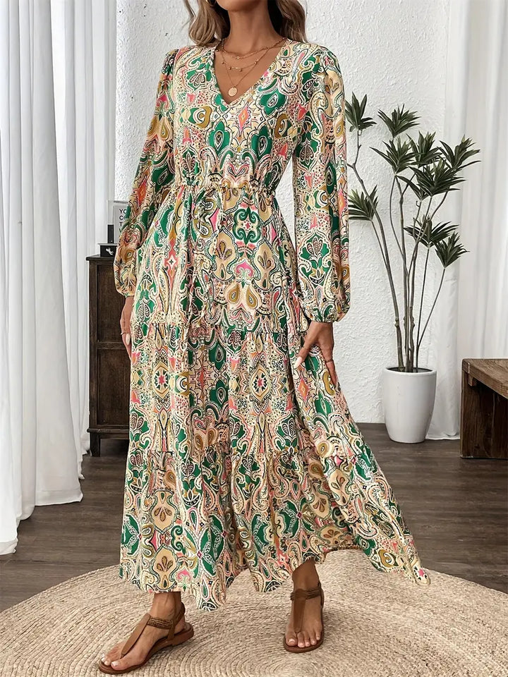 Women’s Long Sleeve Maxi Dress V-Neck Printed Casual Flowy Dress