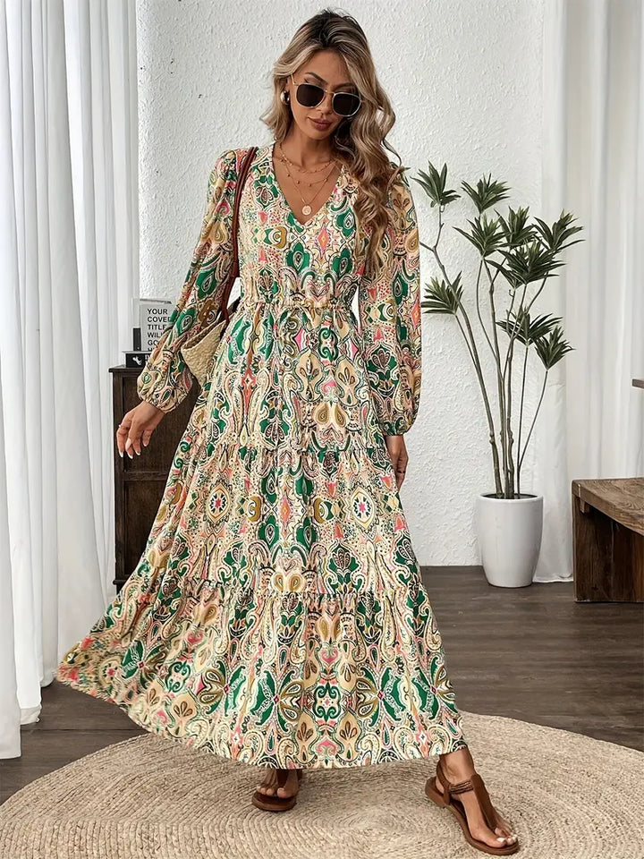 Women’s Long Sleeve Maxi Dress V-Neck Printed Casual Flowy Dress