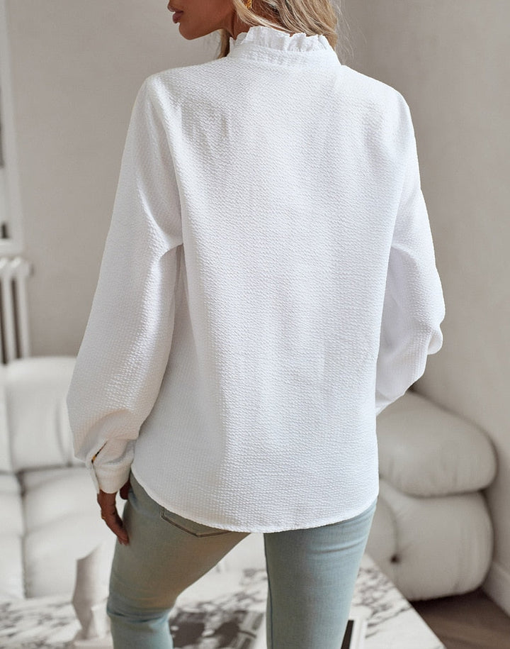 Women’s Ruffle Trim Textured Blouse – Long Sleeve Button Top