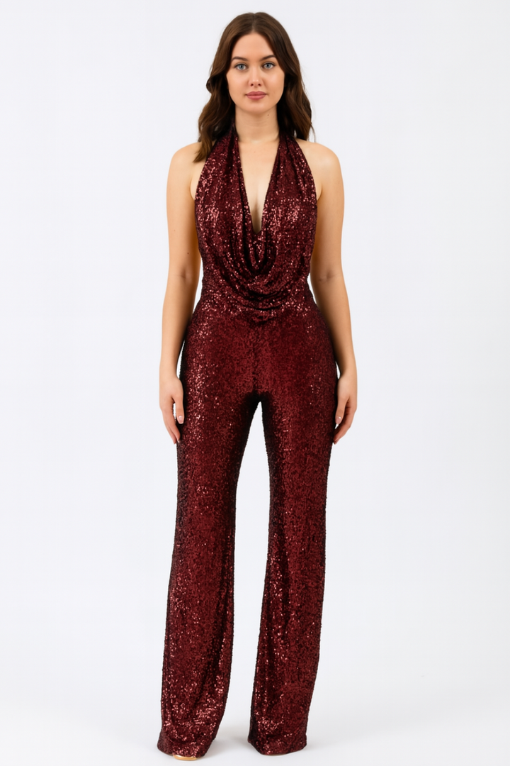 Nola – Sparkling Christmas Halter Jumpsuit with Full-Sequin Finish
