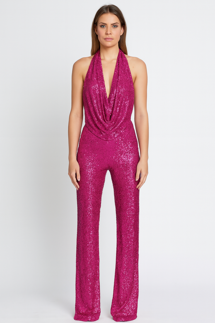 Nola – Sparkling Christmas Halter Jumpsuit with Full-Sequin Finish