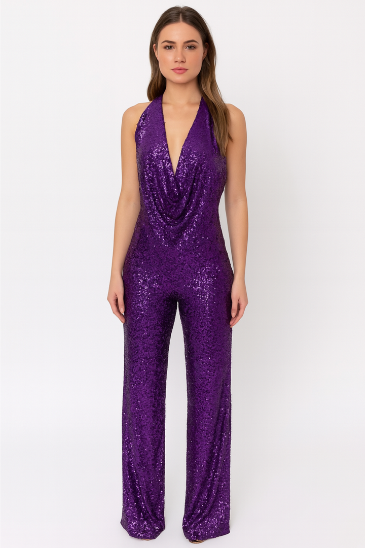 Nola – Sparkling Christmas Halter Jumpsuit with Full-Sequin Finish