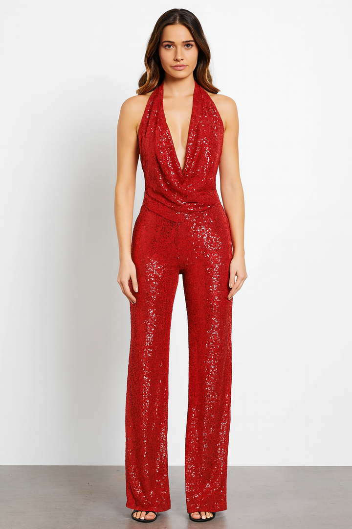 Nola – Sparkling Christmas Halter Jumpsuit with Full-Sequin Finish