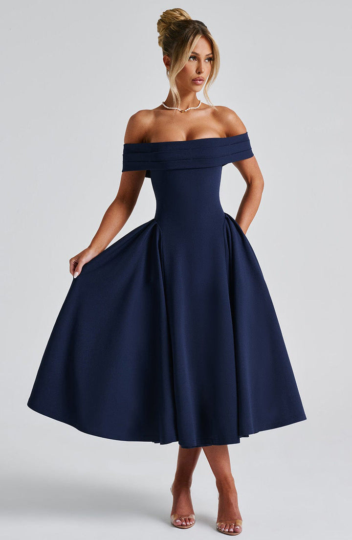 Elegant Off Shoulder Midi Dress – Ideal for Winter Weddings, Parties & Holiday Celebrations