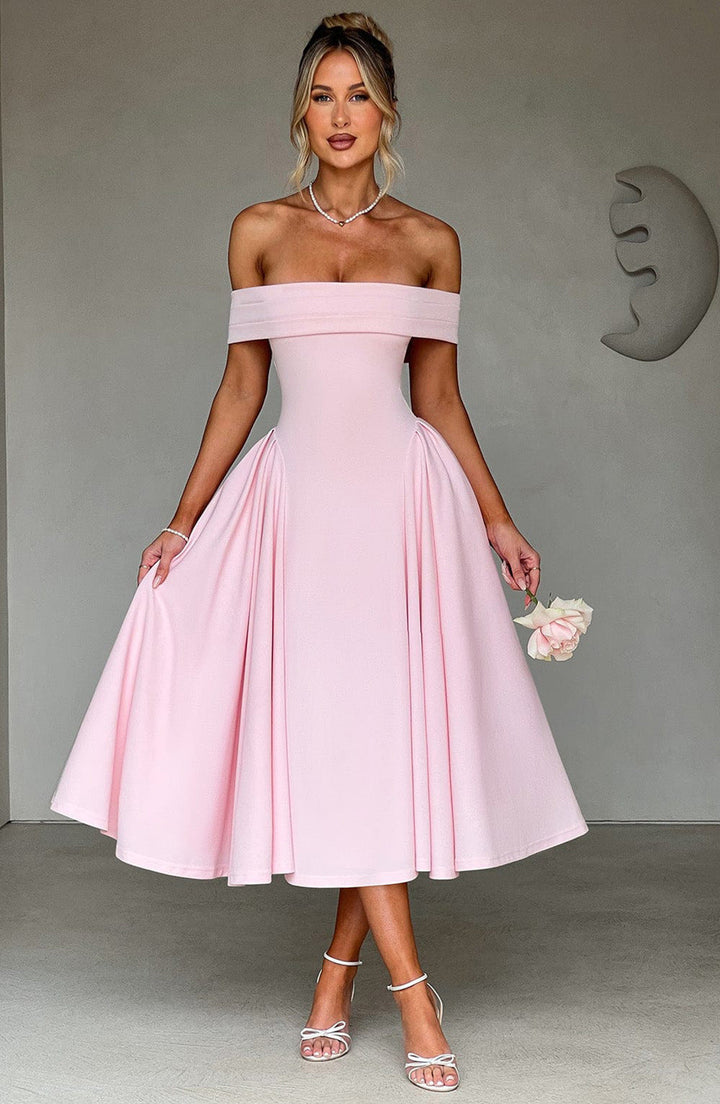 Elegant Off Shoulder Midi Dress – Ideal for Winter Weddings, Parties & Holiday Celebrations