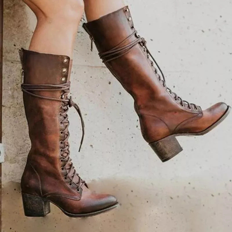 Women's Knee High Lace Up Boots with Block Heel