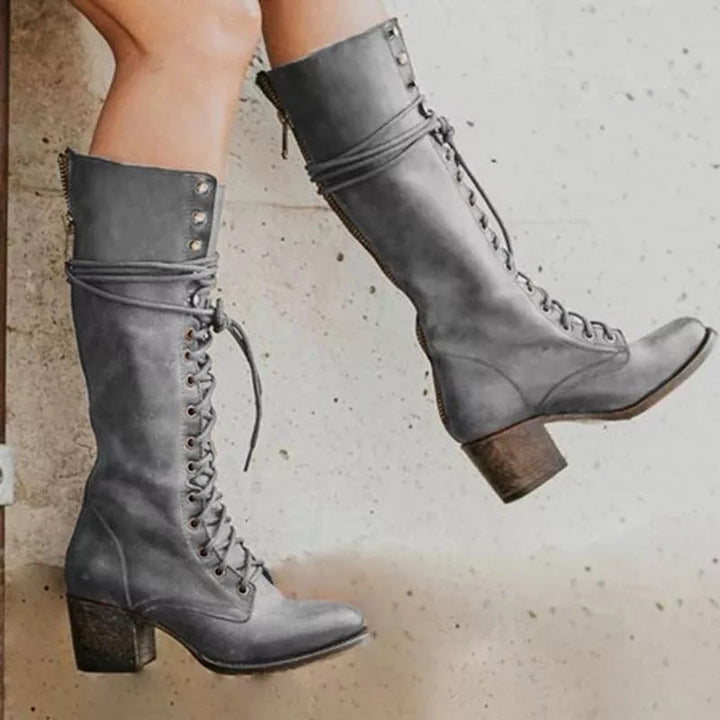 Women's Knee High Lace Up Boots with Block Heel