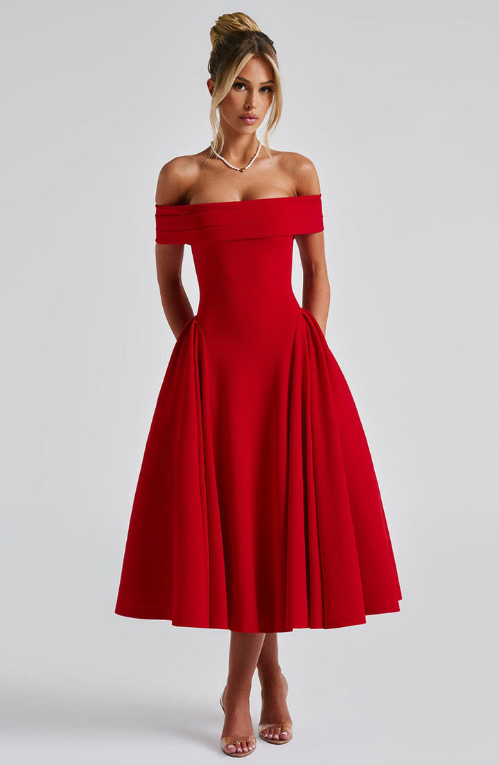 Elegant Off Shoulder Midi Dress – Ideal for Winter Weddings, Parties & Holiday Celebrations