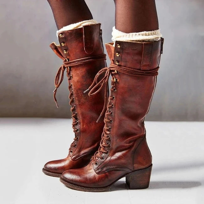 Women's Knee High Lace Up Boots with Block Heel