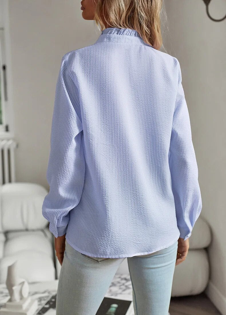 Women’s Ruffle Trim Textured Blouse – Long Sleeve Button Top