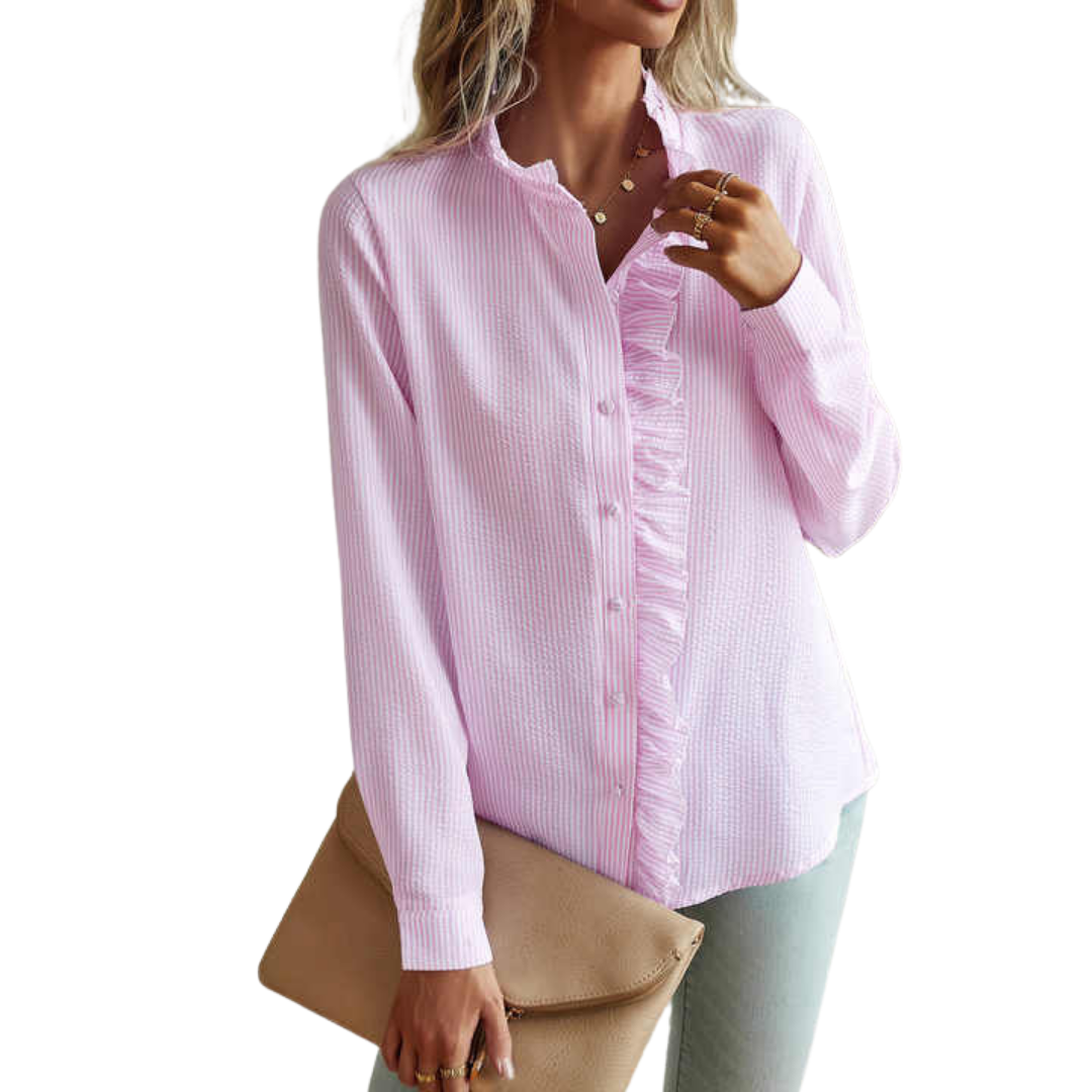 Women’s Ruffle Trim Textured Blouse – Long Sleeve Button Top