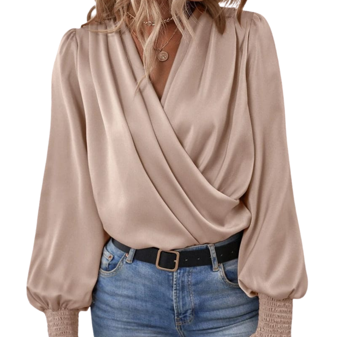 Women’s Satin V-Neck Wrap Blouse – Soft Drape Silhouette