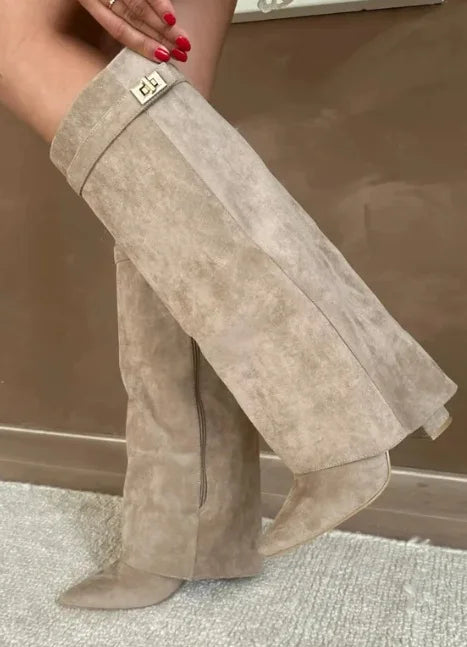 Women’s Suede Thigh-High Boots with Gold Buckle – Elegant Heeled Winter Boots