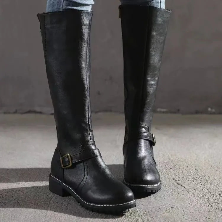 Women’s Leather Knee High Boots – Comfortable Flat Riding Style Winter Boots