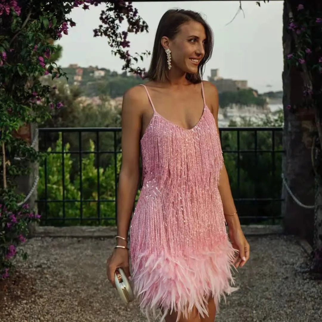 Feather Trim Sequin Mini Dress – Elegant Party Outfit
