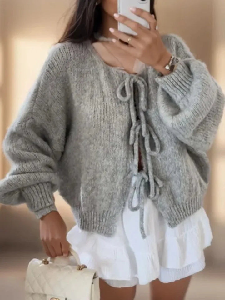 Women’s Soft Knit Tie-Front Cardigan – Balloon Sleeve Bow Detail