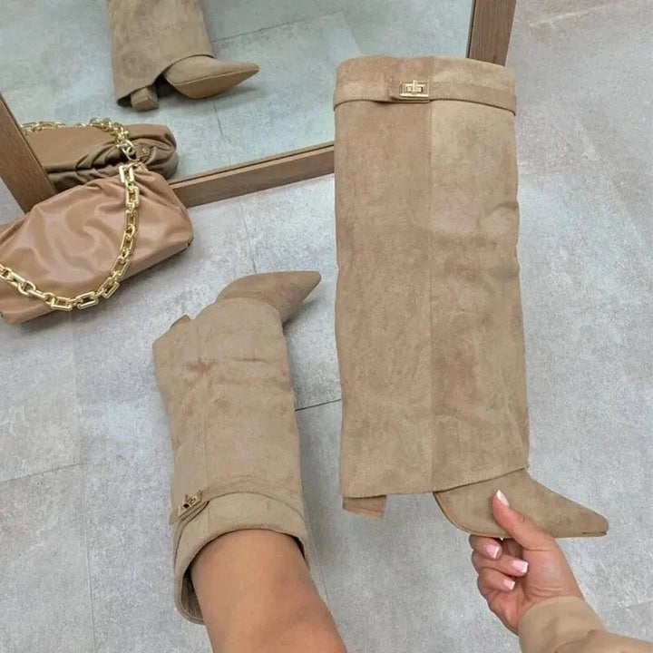 Women’s Suede Thigh-High Boots with Gold Buckle – Elegant Heeled Winter Boots