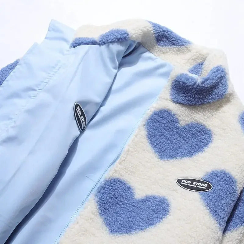 Women’s Fleece Lined Reversible Jacket with Heart Pattern