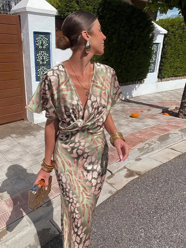Women’s Satin Wrap Midi Dress Elegant Printed Evening Outfit