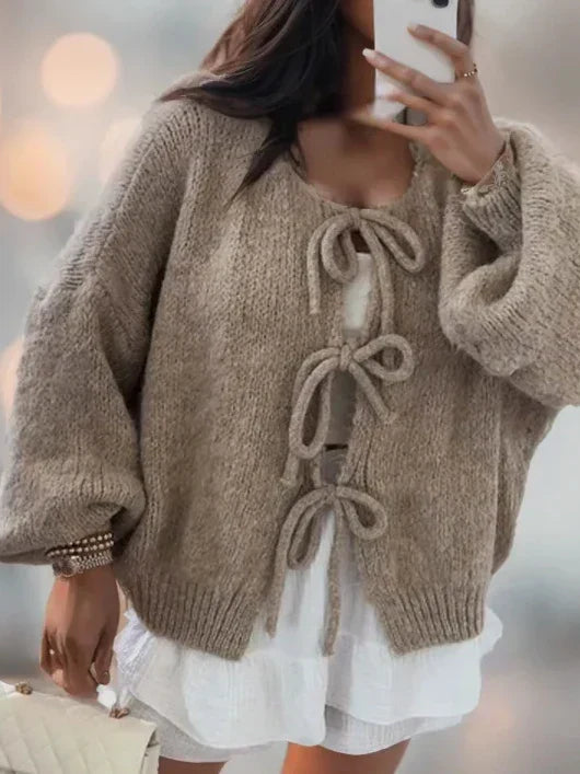 Women’s Soft Knit Tie-Front Cardigan – Balloon Sleeve Bow Detail
