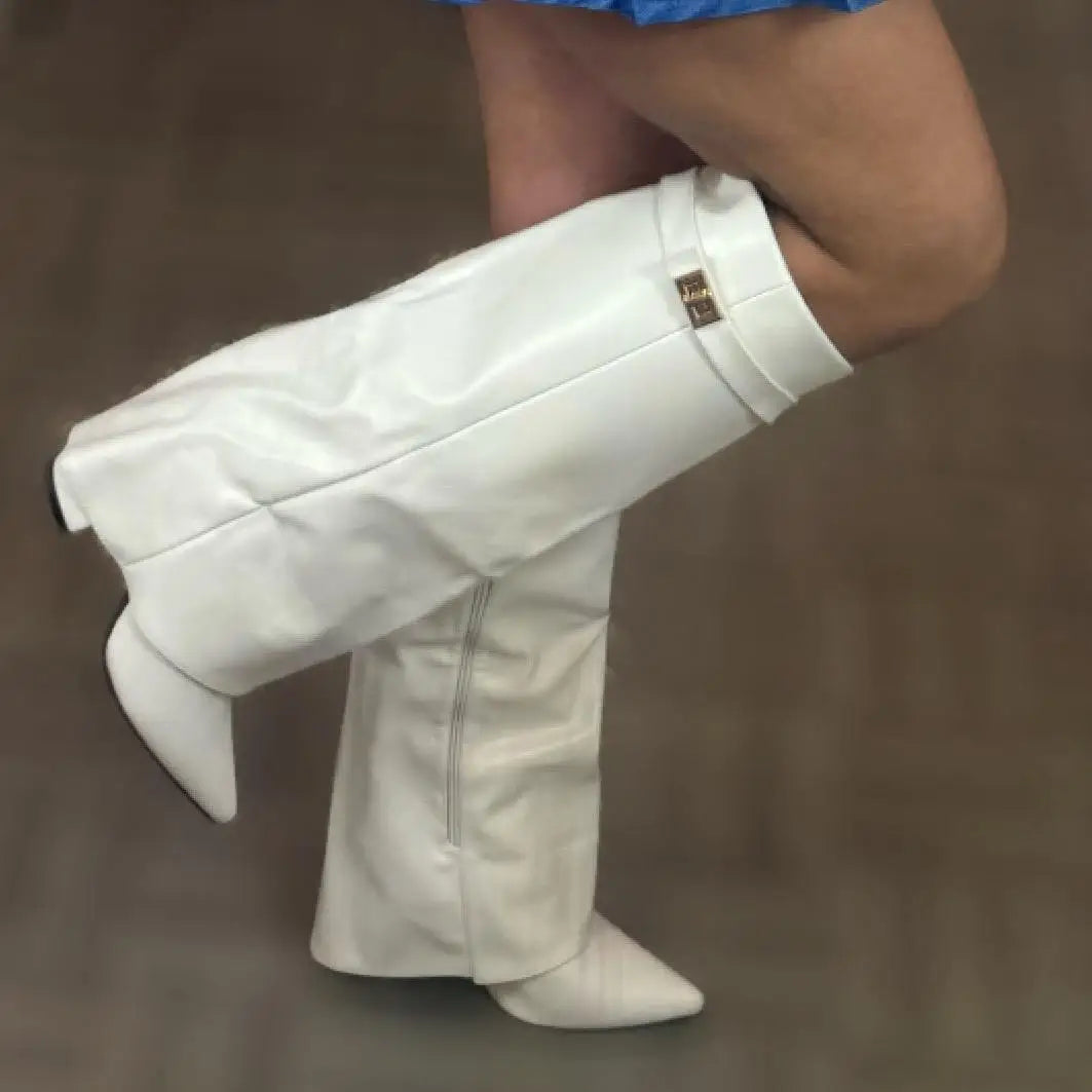 Women’s Suede Thigh-High Boots with Gold Buckle – Elegant Heeled Winter Boots