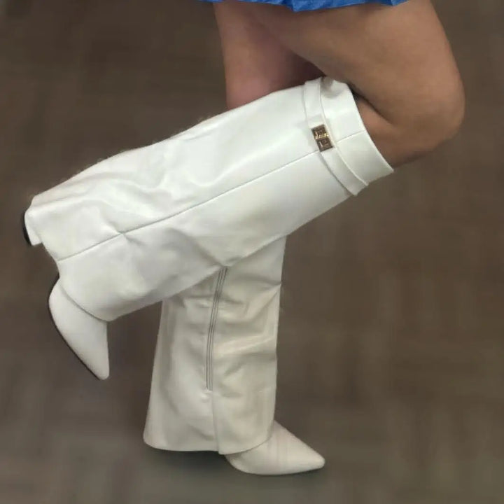 Women’s Suede Thigh-High Boots with Gold Buckle – Elegant Heeled Winter Boots