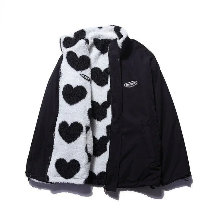 Women’s Fleece Lined Reversible Jacket with Heart Pattern