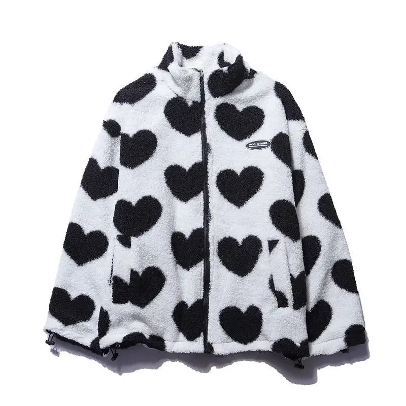 Women’s Fleece Lined Reversible Jacket with Heart Pattern