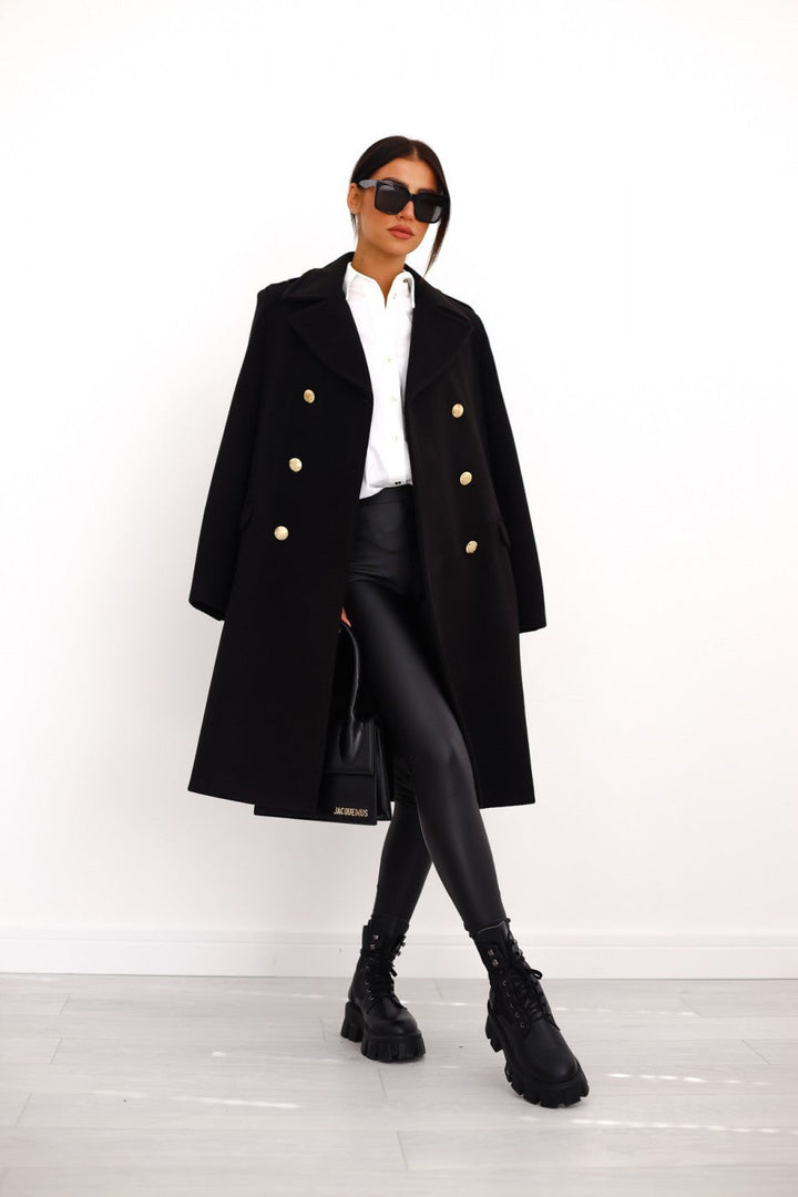 Women's Double-Breasted Long Coat with Gold Button Accents