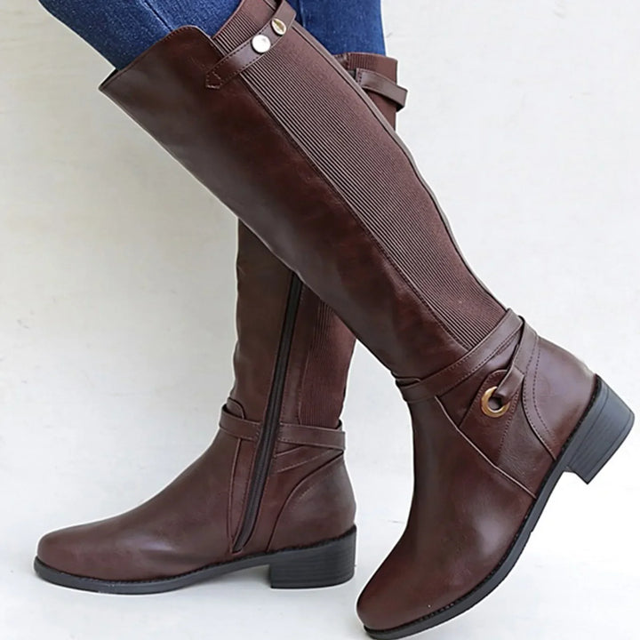 Women’s Leather Riding Knee-High Boots – Comfortable Flat Winter Boots with Side Zip