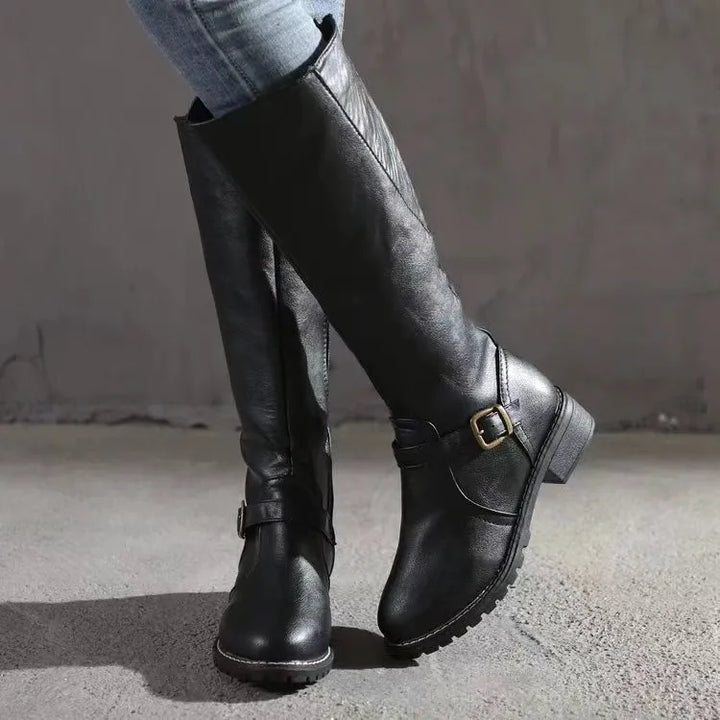 Women’s Leather Knee High Boots – Comfortable Flat Riding Style Winter Boots