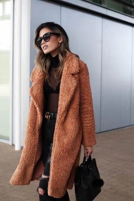 Women’s Long Teddy Coat with Lapel Collar and Oversized Fit
