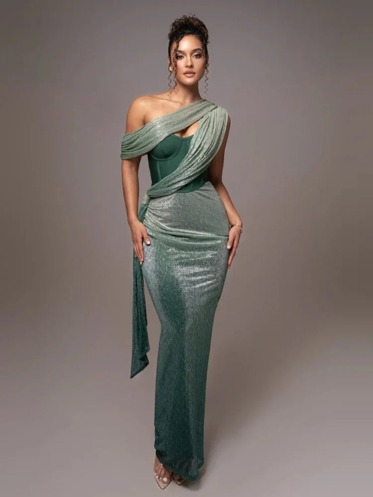 Women’s One-Shoulder Luxe Evening Maxi Dress – Elegant Winter Party & Christmas Outfit