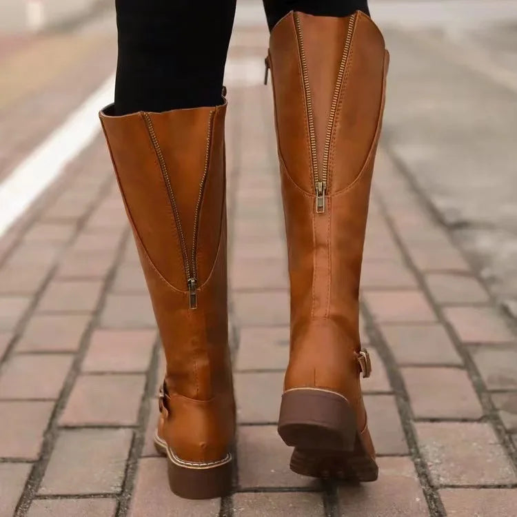 Women’s Leather Knee High Boots – Comfortable Flat Riding Style Winter Boots