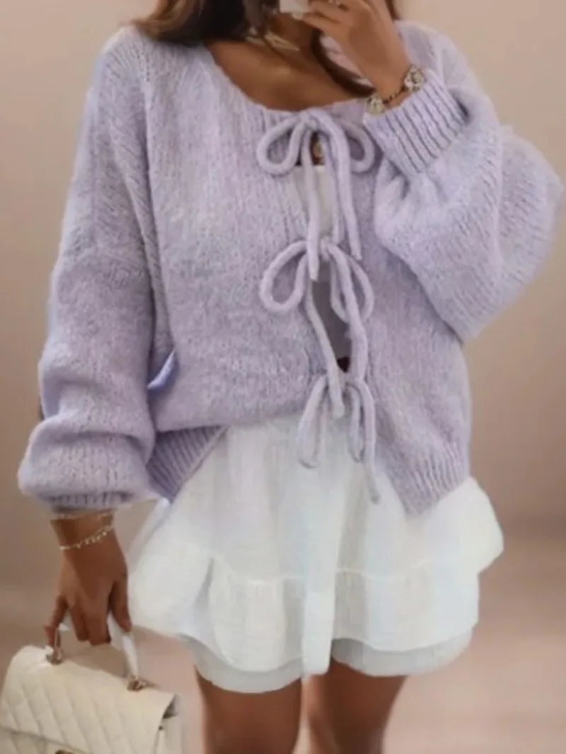 Women’s Soft Knit Tie-Front Cardigan – Balloon Sleeve Bow Detail